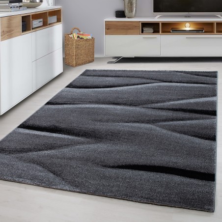 Teppich Modern Designer Wohnzimmer Abstrakt Wellen Muster Grau Schwarz