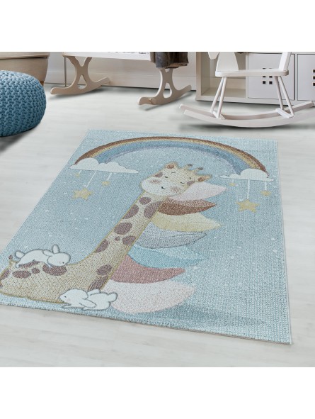Children's rug, short-pile rug, children's room, rainbow giraffe, soft blue