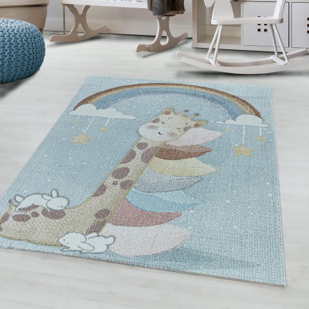Children's rug, short-pile rug, children's room, rainbow giraffe, soft blue