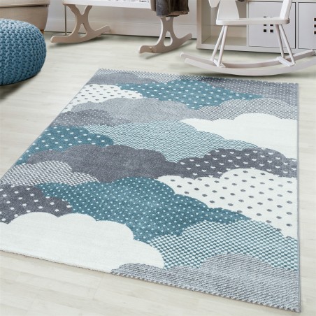 Children's carpet, baby carpet, children's room, cloud motif, blue, gray and white colours