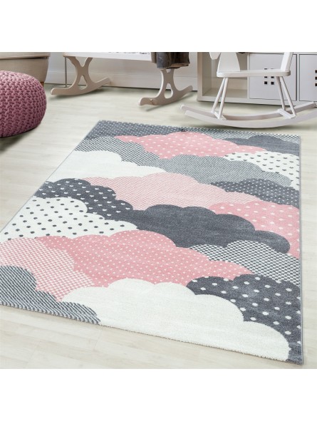 Children's carpet, baby carpet, children's room, cloud motif, pink, gray and white colours