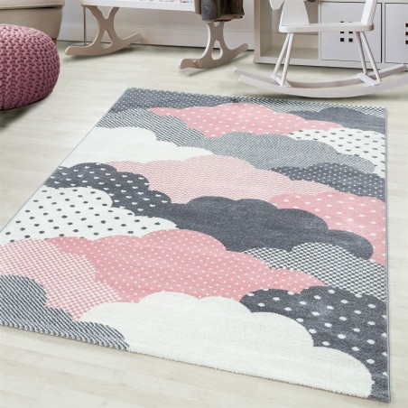 Children's carpet, baby carpet, children's room, cloud motif, pink, gray and white colours