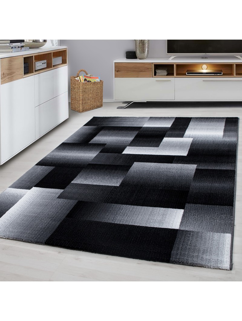 Modern Design Teppich Kurzflor Abstrakt Kariert Muster Schwarz Grau Weiß