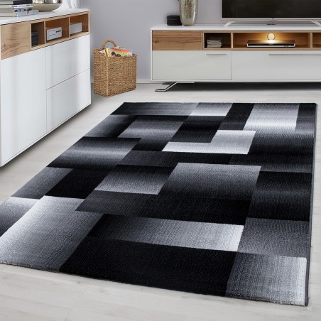 Modern design vloerkleed laagpolig abstract geruit patroon zwart grijs wit