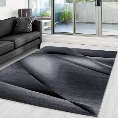 Modern Designer Carpet Abstract Waves Lines Shadows Pattern Black Gray
