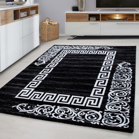 Modern designer carpet meander border short pile baroque style black and white