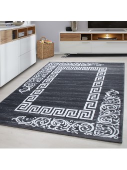 Modern designer carpet meander border short pile baroque style gray white