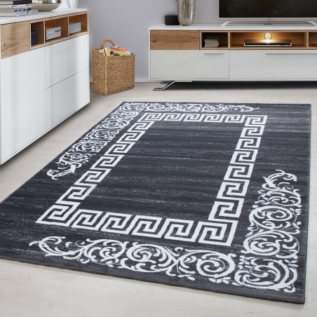 Modern designer carpet meander border short pile baroque style gray white