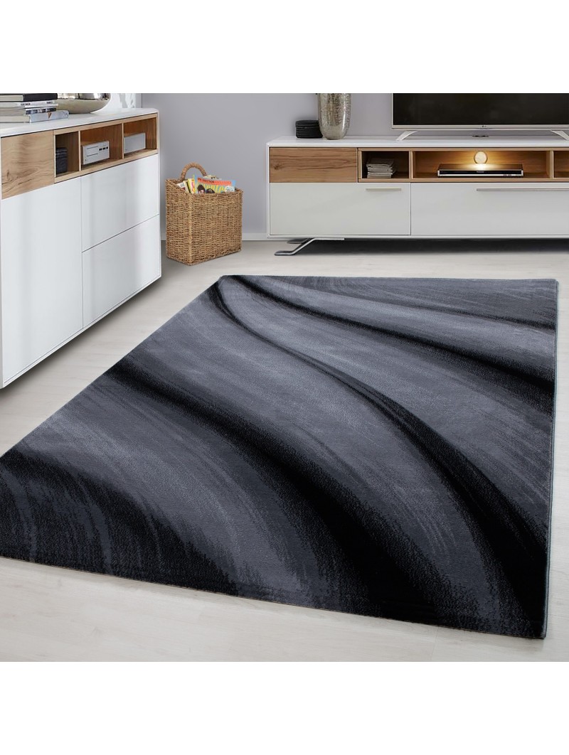 Modern Designer Teppich Wohnzimmer Abstrakt Wellen Optik Schwarz Grau Meliert