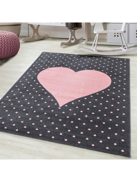 Tapis enfant tapis bébé chambre d'enfant motif coeur coloris gris rose