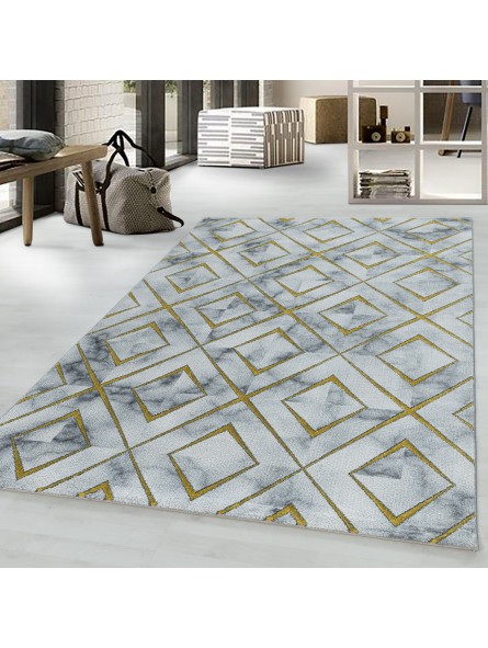Tappeto a pelo corto tappeto da soggiorno design marmorizzato rombo check gold