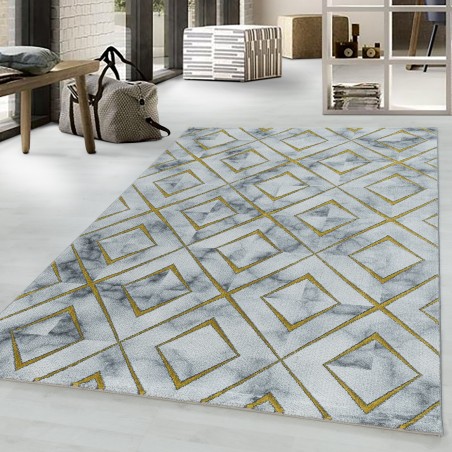 Tappeto a pelo corto tappeto da soggiorno design marmorizzato rombo check gold