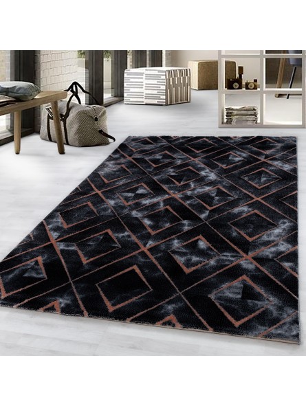 Short-pile rug, living room rug, dark marbled rhombus check bronze