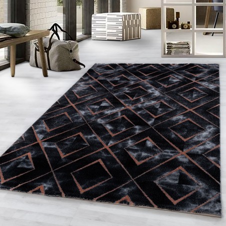 Short-pile rug, living room rug, dark marbled rhombus check bronze