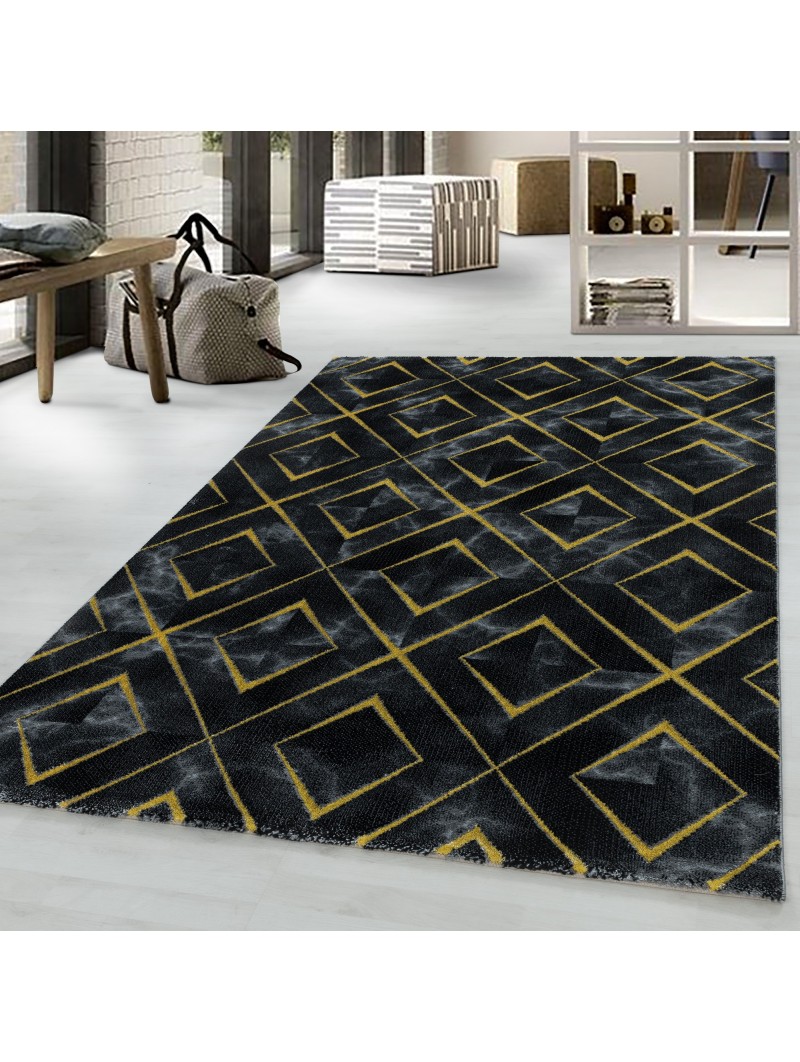 Short-pile carpet, living room carpet, dark marbled diamond check gold