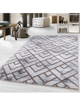 Laagpolig tapijt, woonkamertapijt, patroon, gemarmerd, lijnen, ruiten, brons