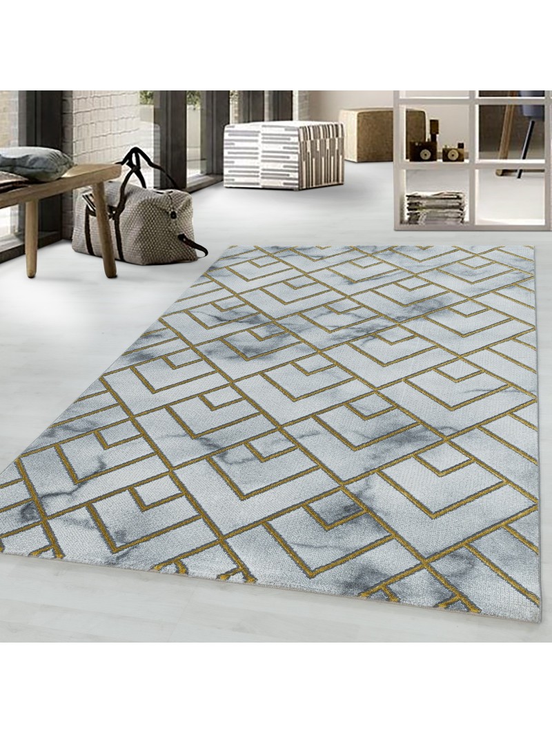 Laagpolig tapijt woonkamer tapijt patroon gemarmerde lijnen geruit goud