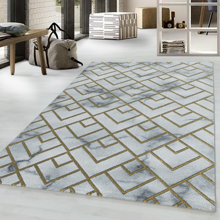 Laagpolig tapijt woonkamer tapijt patroon gemarmerde lijnen geruit goud