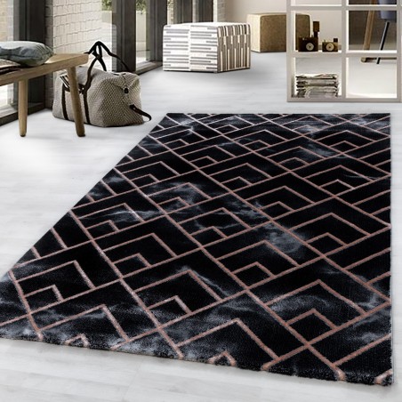 Short-pile rug, living room rug, dark marbled, lines, diamonds, bronze