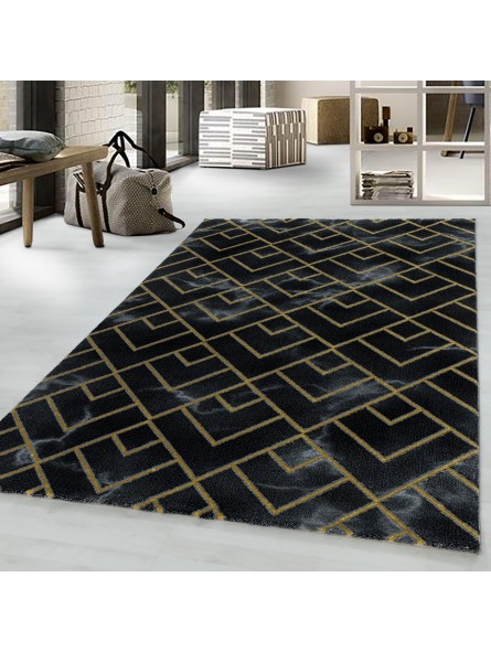 Short-pile rug, living room rug, dark marbled lines, checkered gold