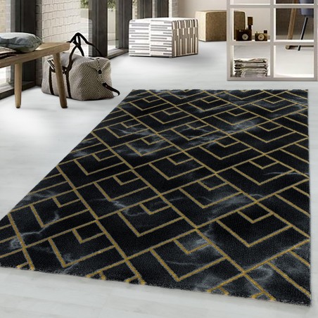 Short-pile rug, living room rug, dark marbled lines, checkered gold