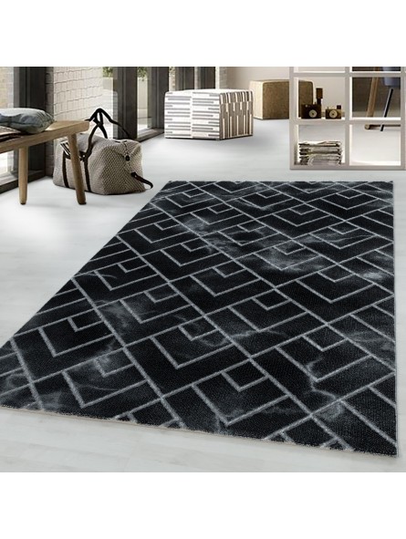 Short-pile rug, living room rug, dark marbled, lines, checked, silver