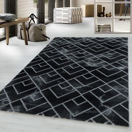 Short-pile rug, living room rug, dark marbled, lines, checked, silver