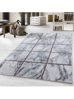 Short pile rug, living room rug, squares, design, marbled bronze