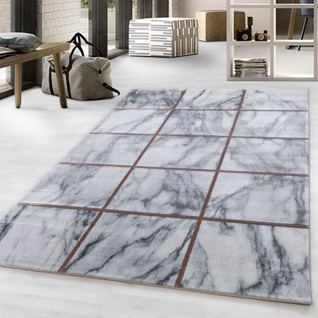 Short pile rug, living room rug, squares, design, marbled bronze