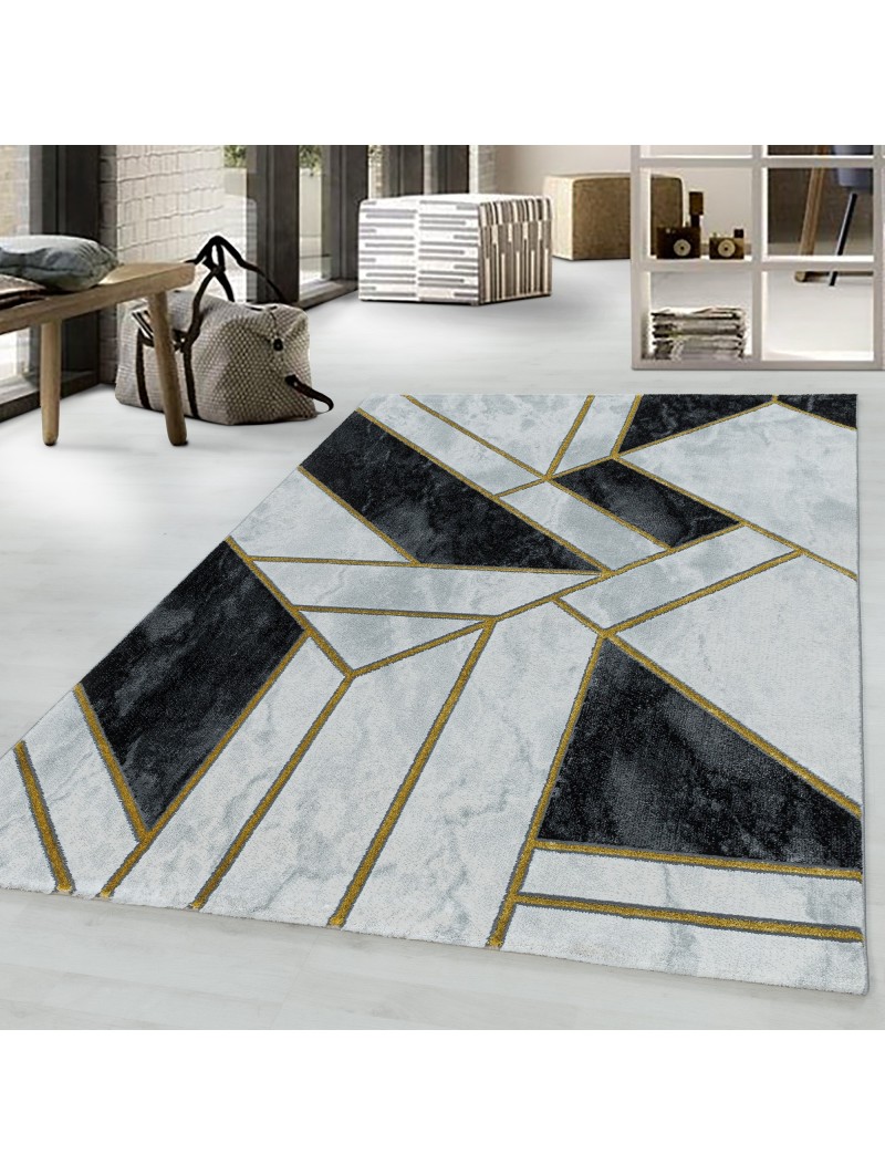 Kurzflor Teppich Wohnzimmerteppich Marmor Design Abstrakt Linien Gold