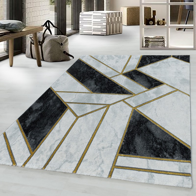 Tapis à poils courts tapis de salon design en marbre lignes abstraites or