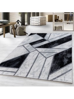 Kurzflor Teppich Wohnzimmerteppich Marmor Design Abstrakt Linien Silber