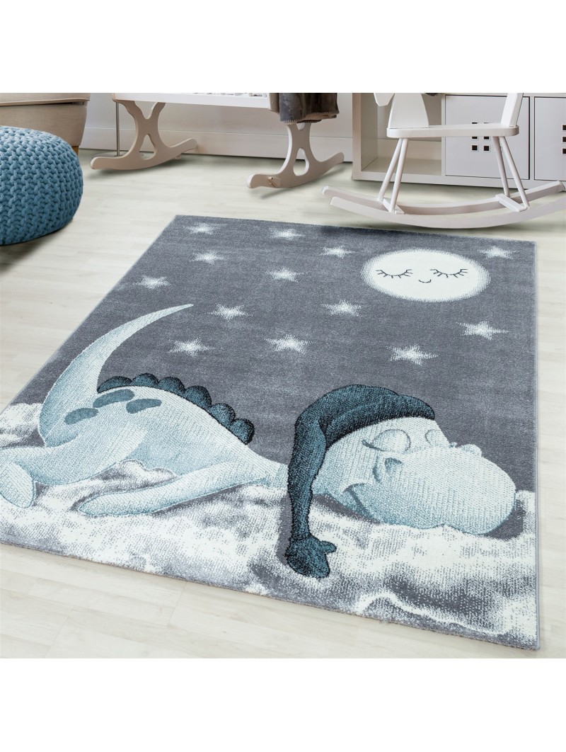 Tapis enfant tapis bébé chambre d'enfant motif dinosaure mignon gris bleu blanc