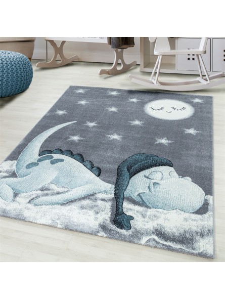Kinderteppich Baby Teppich Kinderzimmer süßer Dino Motiv Grau Blau Weiß