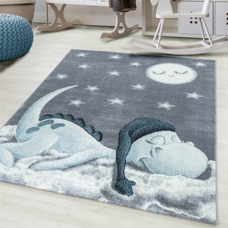 Kinderteppich Baby Teppich Kinderzimmer süßer Dino Motiv Grau Blau Weiß