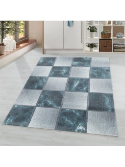 Kurzflor Teppich Wohnzimmerteppich Blau Grau Quadrat Muster Marmoriert Weich