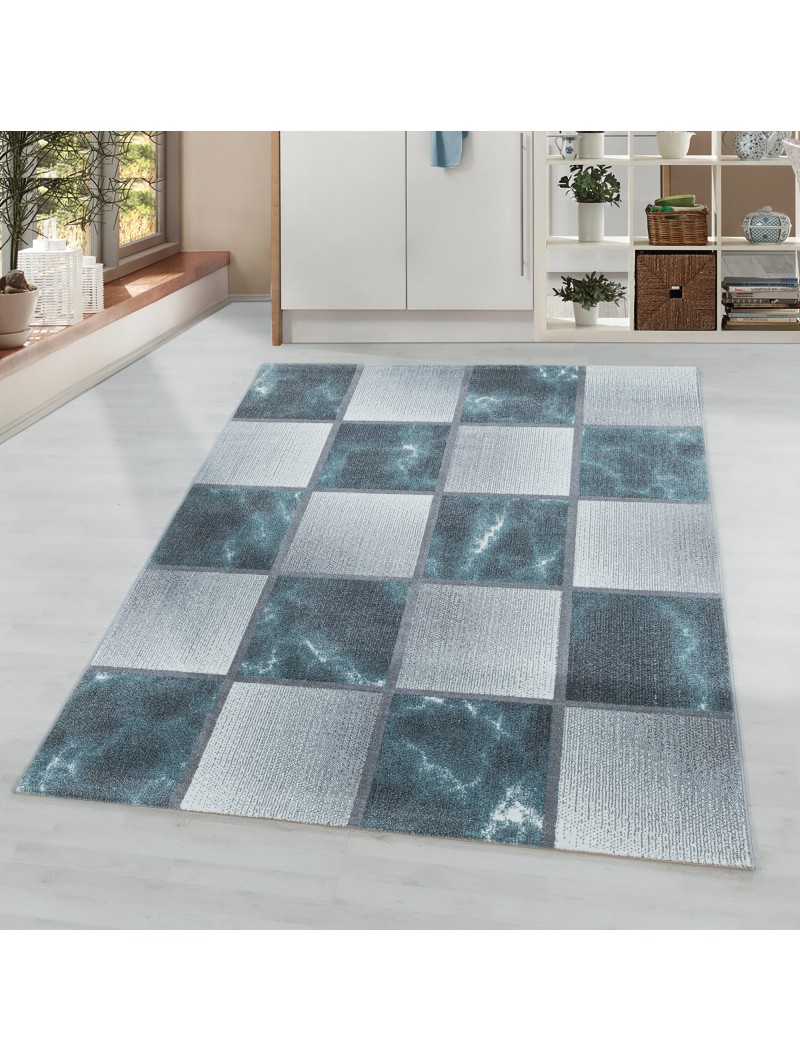 Kurzflor Teppich Wohnzimmerteppich Blau Grau Quadrat Muster Marmoriert Weich