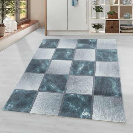 Laagpolig vloerkleed woonkamer vloerkleed blauw grijs vierkant patroon gemarmerd soft