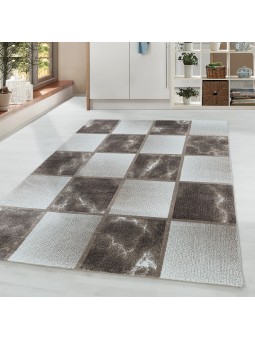 Laagpolig vloerkleed woonkamer vloerkleed bruin grijs vierkant patroon gemarmerd soft