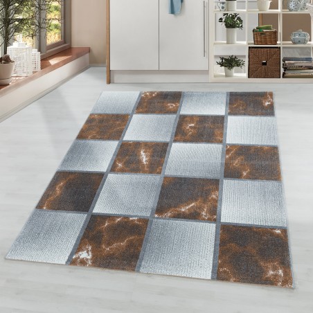 Kurzflor Teppich Wohnzimmerteppich Farbe Terra Quadrat Muster Marmoriert Weich