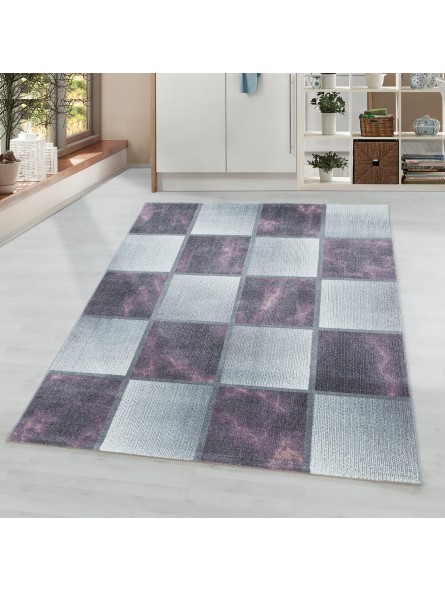 Tapis à poils ras tapis de salon violet gris motif carré marbré doux