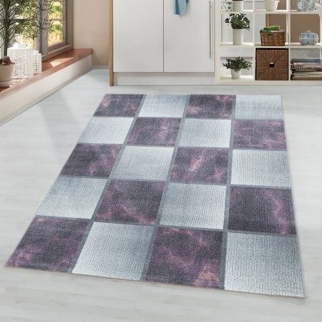Laagpolig tapijt woonkamertapijt paars grijs vierkant patroon gemarmerd zacht
