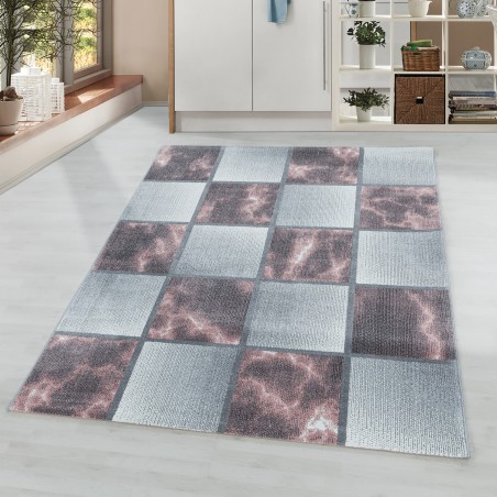 Laagpolig vloerkleed woonkamer vloerkleed roze grijs vierkant patroon gemarmerd soft