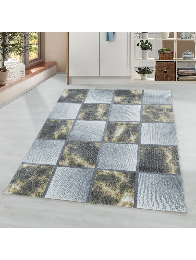Laagpolig tapijt woonkamertapijt geel grijs vierkant patroon gemarmerd zacht