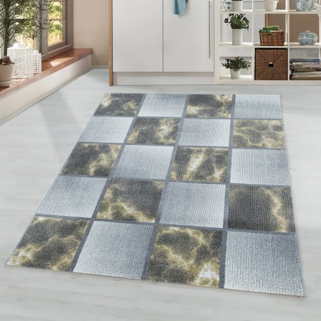 Laagpolig tapijt woonkamertapijt geel grijs vierkant patroon gemarmerd zacht