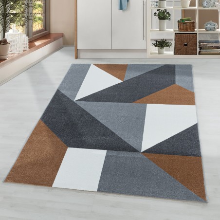 Short pile rug, living room rug, pattern, geometric, modern, soft terra