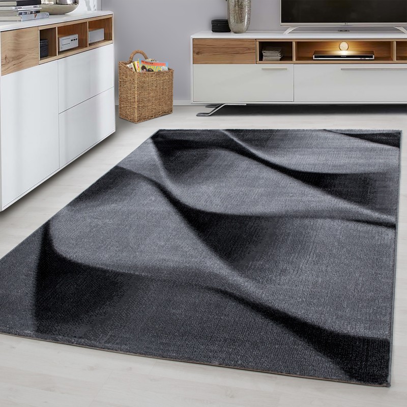 Teppich Modern Designer Wohnzimmer Geometrisch Wellen Muster Grau Schwarz Weiss