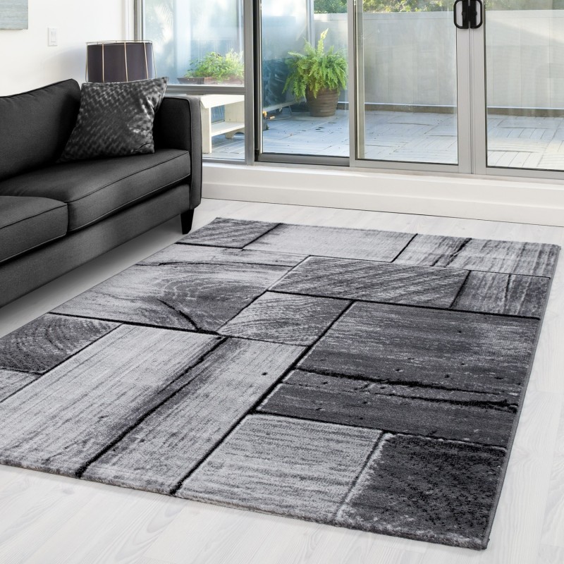 Teppich Modern Designer Wohnzimmer Holzoptik Mauer Muster Grau Schwarz