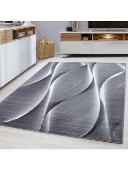 Tapis salon design moderne vagues aspect bois motif noir gris blanc