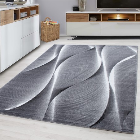 Tapis salon design moderne vagues aspect bois motif noir gris blanc